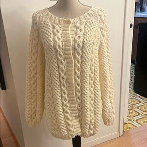 Vintage Irish Aran Wool Cable Knit Cardigan Cream Ivory Honeycomb XL